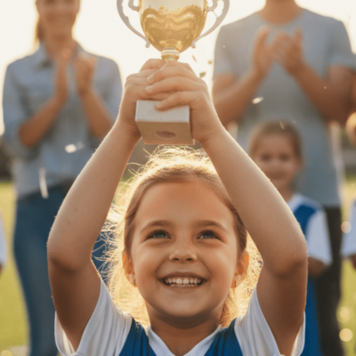 فتاة تحتفل بالفوز، تجسيدًا لقصص النجاح الملهمة وكيف تساهم الرياضة في بناء الثقة بالنفس وتحقيق الإنجازات.
