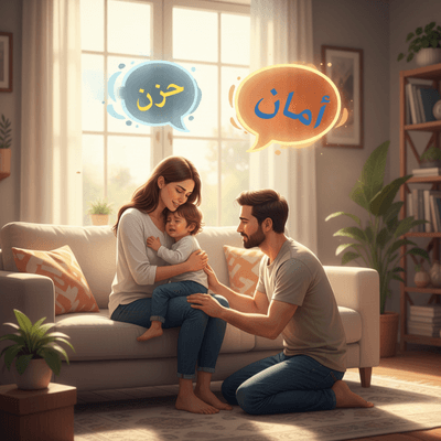 العناق العائلي يترجم دموع الطفل: الآباء يسمون المشاعر مثل الحزن، ويبنون الأمان والثقة بالنفس في منزل دافئ