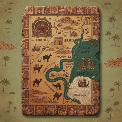 "خريطة تاريخية لفلسطين الكنعانية في العصر البرونزي، تظهر المدن القديمة مثل أريحا وأورشليم ويافا ومسارات القوافل التجارية، لتجسيد عمق الجذور الحضارية للمنطقة."