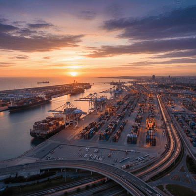 مشهد بانورامي لميناء طنجة المتوسط عند الغروب، يظهر السفن العملاقة مع إضاءة دافئة تعكس التطور الاقتصادي.