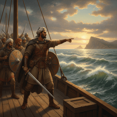 صورة حماسية لعبور طارق بن زياد البحر نحو الأندلس عام 711م، تُبرز الشجاعة والمغامرة في فتح التاريخ.