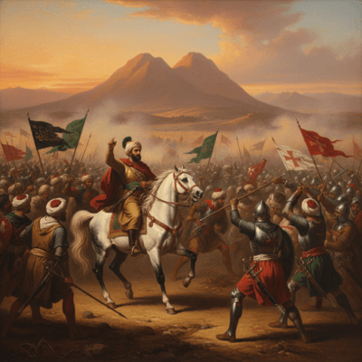 "مشهد ملحمي لمعركة حطين عام 1187 بقيادة صلاح الدين الأيوبي، يجسد المواجهة مع الجيوش الصليبية واستعادة الطريق إلى القدس، في تصوير تاريخي يعبر عن التحول في ميزان القوى."