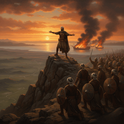 لحظة الخطبة الشهيرة لطارق بن زياد على جبل طارق، تحرق السفن خلفه، ترمز إلى "النصر أو الشهادة" في معركة الفتح.

