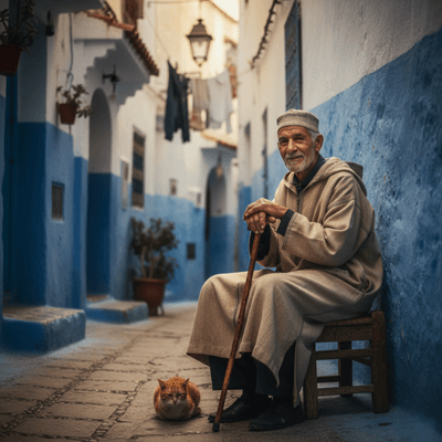 زقاق ضيق في القصبة، جدران زرقاء وبيضاء، مع عجوز يرتدي الجلباب المغربي التقليدي، يعبر عن روح الإنسان في المدينة.