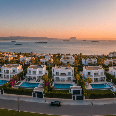 هضبة مارشان تطل على مضيق جبل طارق، تظهر الفلل الفاخرة والمساحات الخضراء، لتعزيز قسم الاستثمار العقاري.