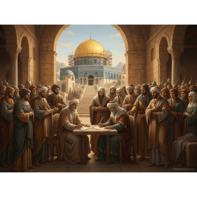 "تصوير بانورامي لفتح القدس في عهد عمر بن الخطاب عام 638م، يبرز توقيع العهدة العمرية والتعايش بين المسلمين والمسيحيين، مع ظهور المعالم الدينية البارزة في المدينة."