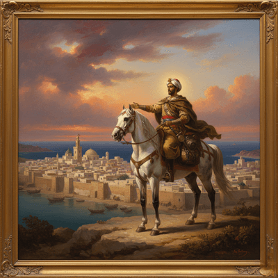 تمثال أو لوحة فنية تخيلية للرحالة ابن بطوطة وهو يغادر طنجة، مع خلفية للمدينة القديمة.