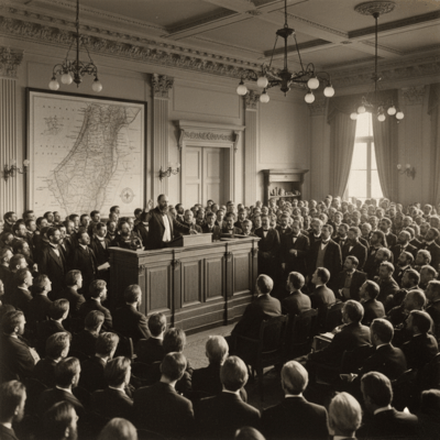 "صورة تاريخية تخيلية للمؤتمر الصهيوني الأول في بازل عام 1897 برئاسة ثيودور هرتزل، تُظهر النقاش حول إقامة وطن قومي لليهود في فلسطين وبدايات الصهيونية السياسية المنظمة."