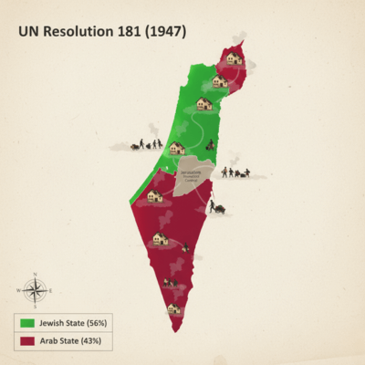 "إنفوجرافيك لخريطة قرار الأمم المتحدة 181 عام 1947 لتقسيم فلسطين إلى دولتين، مع إبراز نسب الأراضي والقرى المدمرة وحركة اللاجئين الفلسطينيين في سياق النكبة عام 1948."