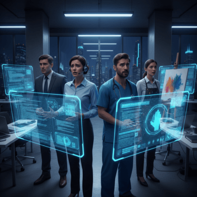 صورة واقعية لمحترفين يواجهون قلق الذكاء الاصطناعي في مكاتبهم الحديثة، إضاءة زرقاء مستقبلية،