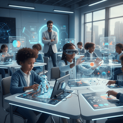 فصل دراسي حديث يوضح استخدام أدوات متنوعة مثل الروبوتات والواقع الافتراضي لتعليم الأطفال الذكاء الاصطناعي بطرق عملية وتفاعلية.