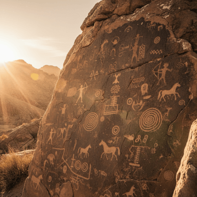نقوش صخرية أمازيغية قديمة في جبال الأطلس والصحراء الكبرى، تُظهر مشاهد للصيد ورموز هندسية، وتوثّق أسلوب حياة الأمازيغ الأوائل في المغرب القديم وعلاقتهم بالطبيعة.