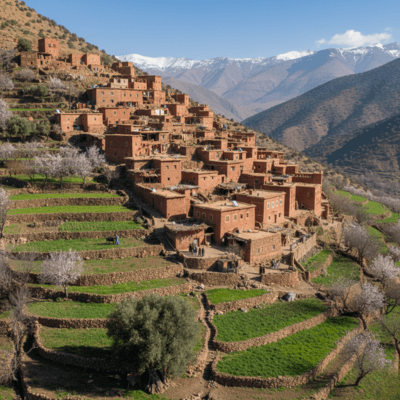 قرية أمازيغية تقليدية في جبال الأطلس، ببيوت طينية وحجرية وحقول مدرجة، تعكس نمط الحياة اليومية للأمازيغ في المغرب القديم وتكيّفهم الذكي مع الجغرافيا الجبلية