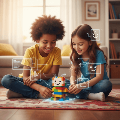 طفلان يتعاونان لبناء روبوت تعليمي، مما يرمز إلى أهمية البدء المبكر في تعلم أساسيات الذكاء الاصطناعي والبرمجة بطريقة ممتعة.