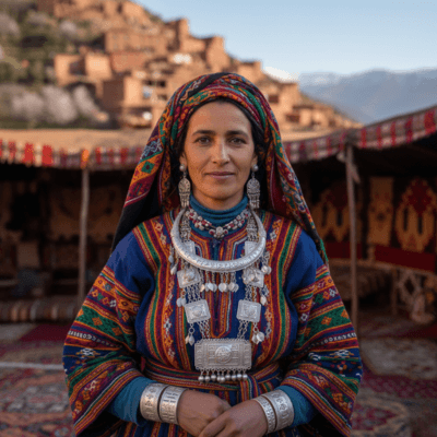 صورة شخصية لامرأة أمازيغية ترتدي الزي التقليدي الملوّن وحليًا فضية مزخرفة برموز هندسية وحروف تيفيناغ، خلفية قرية جبلية أو خيمة تقليدية، تعبير وجه واثق وهادئ، أسلوب تصوير فوتوغرافي واقعي بإضاءة طبيعية ناعمة