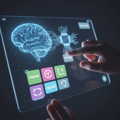 صورة ترمز إلى تنمية مهارات التفكير النقدي وحل المشكلات لدى الأطفال من خلال تعلم البرمجة المرئية وأساسيات الذكاء الاصطناعي.