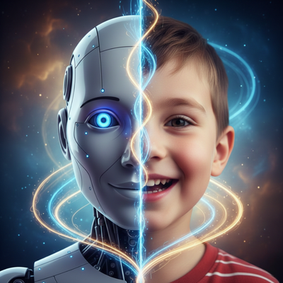 صورة رمزية للتعاون المستقبلي بين الإنسان والآلة، تمثل الهدف من تعليم الذكاء الاصطناعي للأطفال: بناء جيل مبتكر ومسؤول.