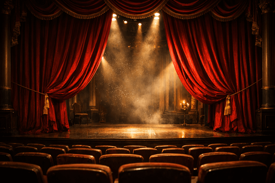 تظهر في هذه الصورة مشهد جميل لركح مسرح مؤهل، حيث تتدلى الستائر الحمراء الثقيلة. تبرز الأضواء المتألقة من الأعلى مع تأثير الدخان خفيف، مما يشكل جواً سحرياً. المقاعد في المقدمة تشير إلى استعداد الجمهور لمشاهدة العرض، مما يضفي إحساساً بالتوقع والإثارة.


