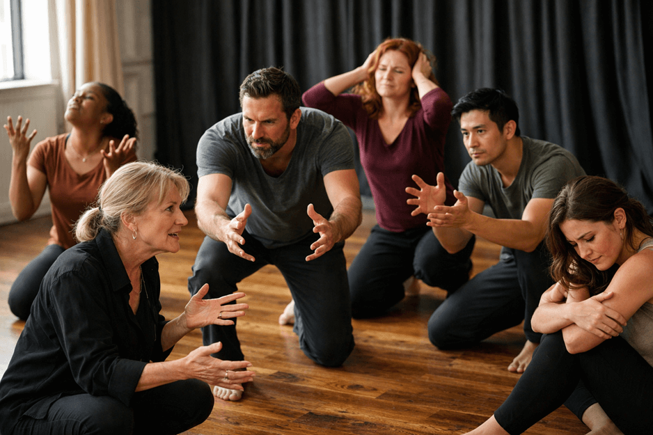 تظهر في هذه الصورة مجموعة من الممثلين أثناء تدريبات مسرحية، حيث يتفاعلون بعمق مع بعضهم البعض. تعكس تعابير وجوههم مختلف المشاعر مثل القلق والشدّة، مما يظهر شغفهم واحترافهم في التمثيل. البيئة الداخلية بالخشب الداكن والخلفية السوداء تضفي إحساس الحميمية والتركيز على الأداء. تُظهر هذه اللحظة أهمية التعاون والتفاعل بين أعضاء الفريق في العمل الفني.

