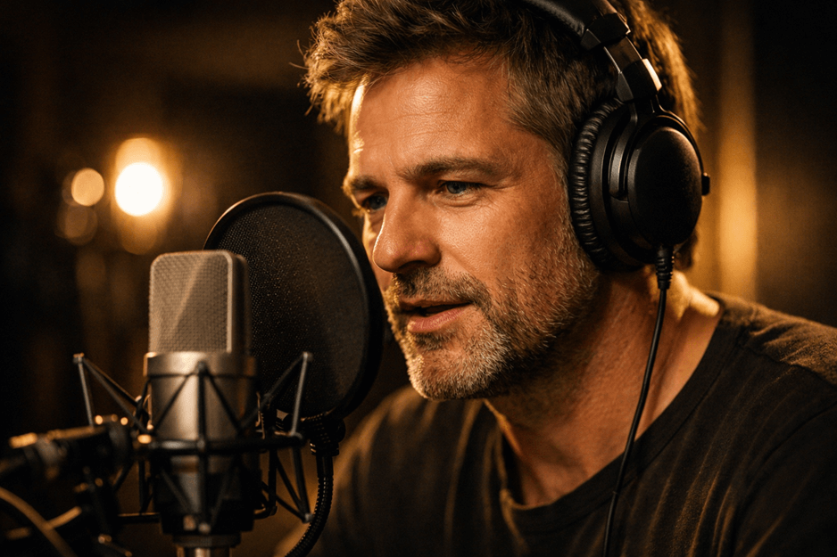 تظهر في هذه الصورة رجل يرتدي سماعات رأس أثناء تسجيل صوته في استوديو. يركز بشكل جاد على الميكروفون، مما يبرز شغفه بالفن الصوتي. الإضاءة الدافئة والكواليس تضفي جواً من الإبداع والاحترافية، مما يُظهر جانباً مهماً من عملية الإنتاج الموسيقي أو الإذاعي. تعكس تعابير وجهه الاستغراق في اللحظة، مما يدل على الارتباط العميق بالموسيقى أو النص الذي يسجله.

