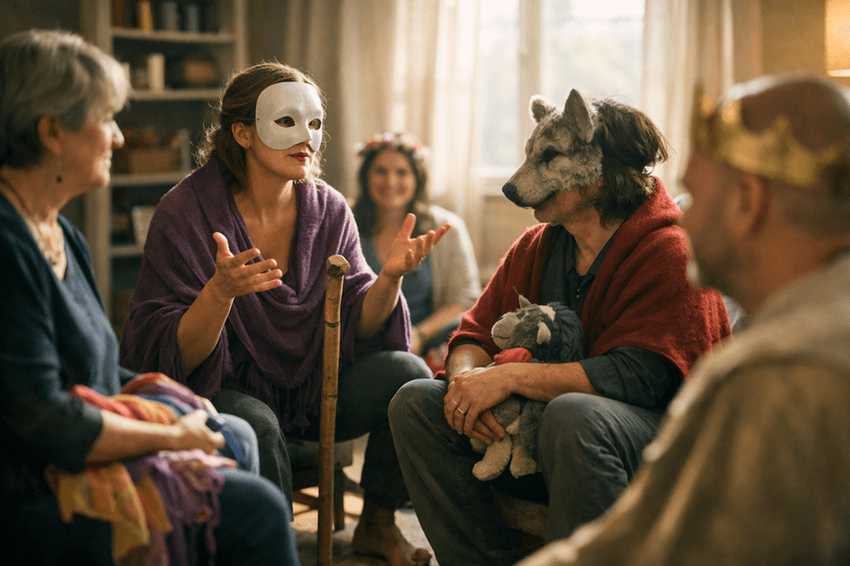 تظهر في هذه الصورة مجموعة من الأشخاص في جلسة إبداعية، حيث يرتدي بعضهم أقنعة وملابس تنكرية. تبرز امرأة تتحدث بوضوح، بينما يجلس الآخرون، يرتدون أزياء تمثل شخصيات مختلفة. تعكس بيئة الغرفة الدافئة وأجواء الحوار أهمية التعبير الفني، والتواصل الاجتماعي، والقصص في النشاطات المسرحية أو ورش العمل الإبداعية. هذه اللحظة تُظهر روح التعاون والتفاعل بين المشاركين في رحلة إبداعية ممتعة.

