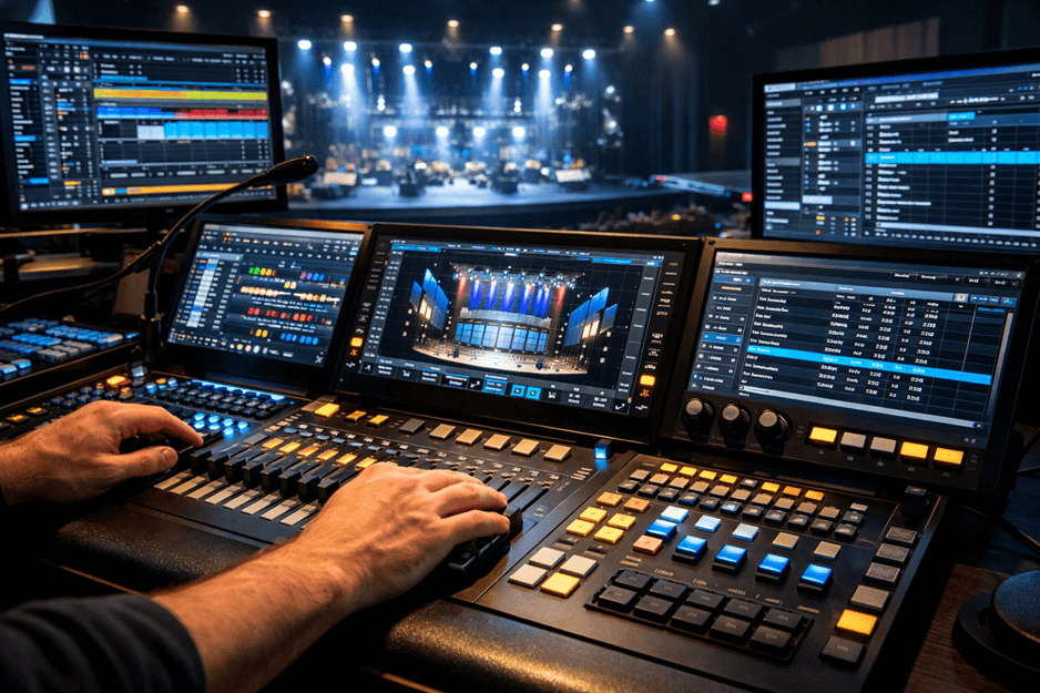 تظهر في هذه الصورة لوحة تحكم للأضواء والصوت في مسرح أو استوديو. تركز الصورة على أيدي مشغل التقنيات وهو يستخدم أجهزة التحكم المختلفة، بينما تظهر الشاشات في الخلفية مشاهد حية للعرض المسرحي. الأضواء الساطعة في الخلف تخلق جواً مثيراً، مما يبرز أهمية دور التكنولوجيا في تعزيز التجربة الفنية. تُظهر اللقطة الاحتراف والمهارة المطلوبة في مجال الإنتاج المسرحي، حيث يتطلب التنسيق بين العناصر المختلفة لضمان عرض ناجح.

