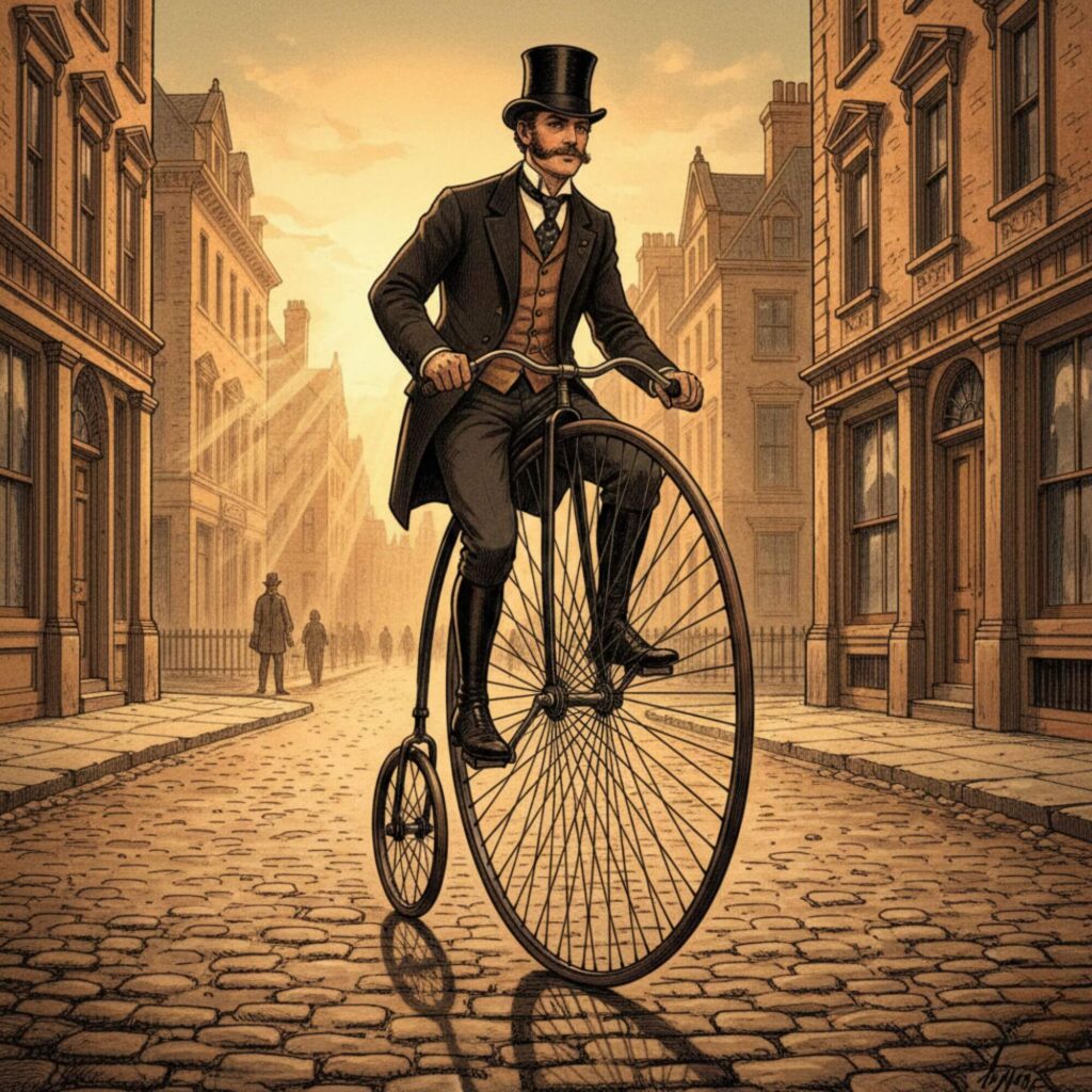 "اكتشف تاريخ دراجة بيني فارثينج الكلاسيكية في القرن 19: تصميم جريء بعجلة أمامية عملاقة للسرعة. صورة تاريخية مذهلة لتطور الدراجات الهوائية. (152 حرف)"