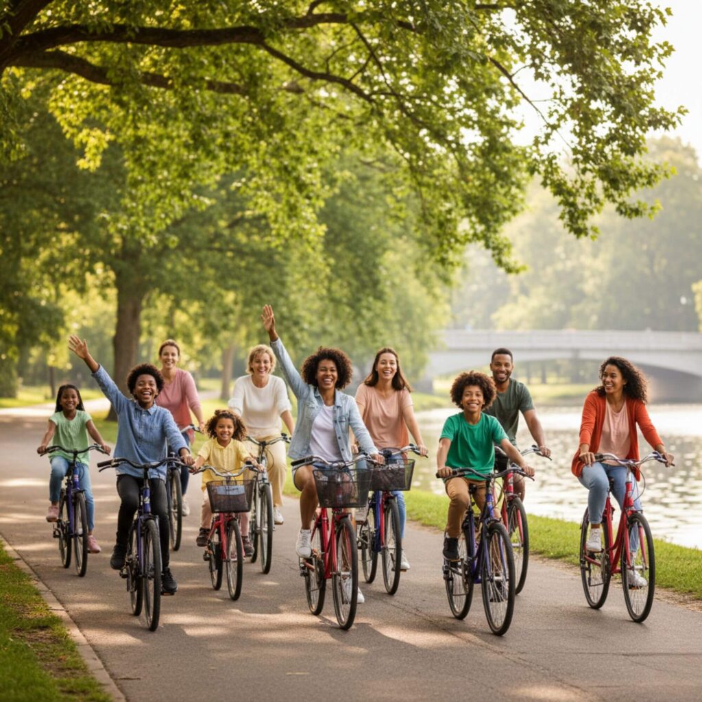 "فوائد صحية لركوب الدراجات في الحديقة: مجموعة سعيدة تحسن لياقتها وقلبها. صورة ملهمة للرياضة اليومية والصحة بالدراجات الهوائية. (151 حرف)"