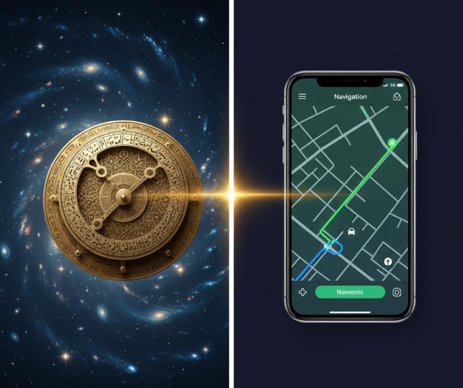 صورة فنية تجمع بين أسطرلاب قديم وهاتف ذكي يعرض خريطة جي بي إس، لتوضيح امتداد فكرة الملاحة من الماضي إلى الحاضر.