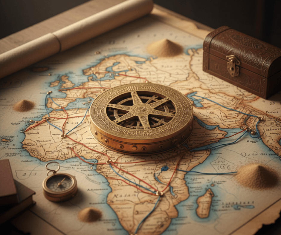 أسطرلاب نحاسي فوق خريطة قديمة يوضح فكرة «جي بي إس» العصور الوسطى الذي استخدمه العلماء والمسافرون لتحديد الاتجاه والوقت.