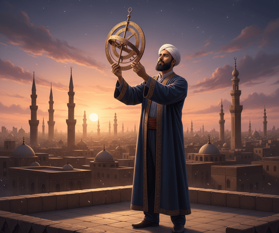 عالم مسلم يستخدم الأسطرلاب على سطح مسجد لتحديد أوقات الصلاة واتجاه القبلة، في مشهد يجمع بين الفلك والعبادة.