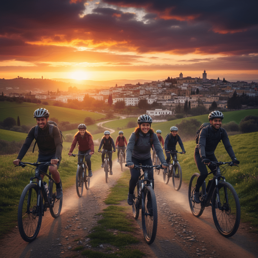 انطلق في مغامرتك بالدراجة الهوائية: مجموعة سعيدة تركب نحو غروب الشمس في تضاريس مغربية مذهلة. صورة تحفيزية للرياضة، الصحة، والاستدامة مع دراجات متنوعة.