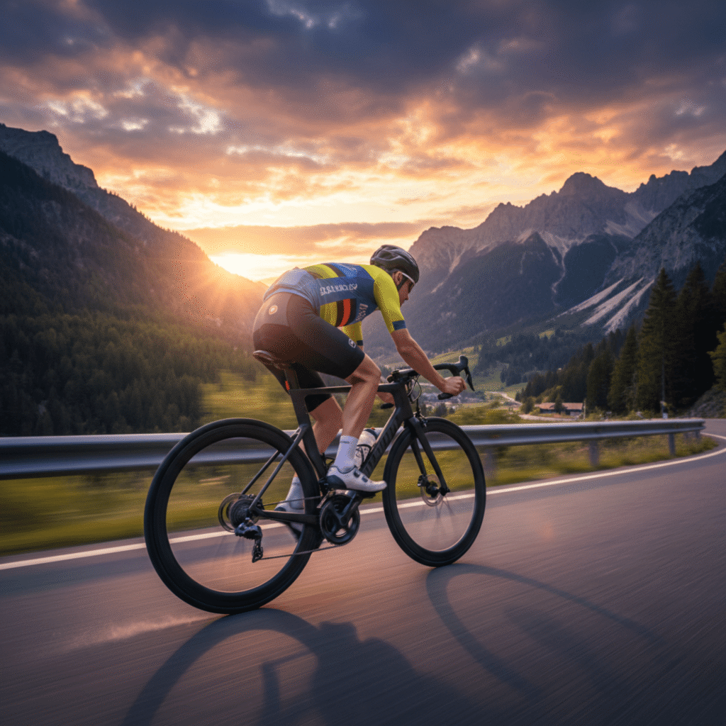 "دراجة طريق احترافية في سباق مثير على طرق جبلية: سرعة وتصميم حديث للمسافات الطويلة. صورة عالية الدقة لأفضل دراجات الطريق الهوائية. (148 حرف)"