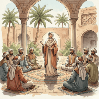 "رسم تعبيري لأسماء بنت يزيد الأنصارية وهي تخاطب النبي والصحابة في ساحة المسجد النبوي، تجسيدًا لدورها كخطيبة النساء في صدر الإسلام."

