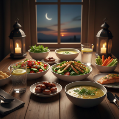 مائدة إفطار رمضاني صحي تحتوي على خضار طازجة وتمر وماء وبروتين خفيف، تعبر عن مفهوم الصيام كفرصة لتنظيف الجسد وتحسين العادات الغذائية في رمضان.