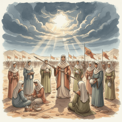 "لوحة فنية لمشاركة أسماء بنت يزيد ونساء مسلمات في معركة اليرموك، تحمل عمود الخيمة في مشهد يعبر عن شجاعة المرأة المسلمة في الجهاد."
