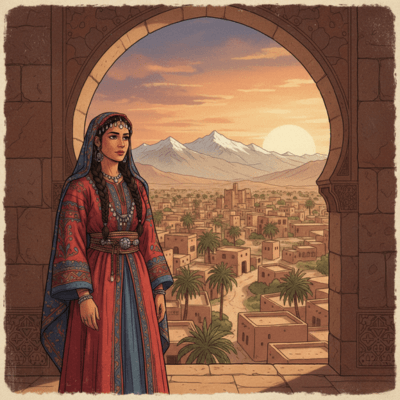 "رسم تعبيري لأسماء بنت يزيد الأنصارية وهي تخاطب النبي والصحابة في ساحة المسجد النبوي، تجسيدًا لدورها كخطيبة النساء في صدر الإسلام."