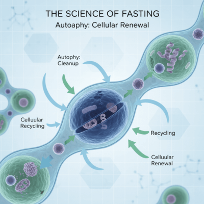 رسم توضيحي لعملية الالتهام الذاتي في الخلايا أثناء الصيام، يوضح كيف يساهم الصيام في تنظيف الجسم وتجديد الخلايا ودعم الصحة الأيضية وفق الأبحاث العلمية الحديثة.

