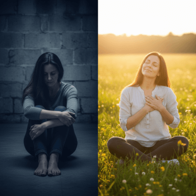 صورة قبل وبعد توضح انتقال الإنسان من الخزي والذنب وجلد الذات إلى حالة من قبول النفس والرحمة بها، تعبير بصري عن بداية التعافي العاطفي والصعود على سلّم الوعي.


