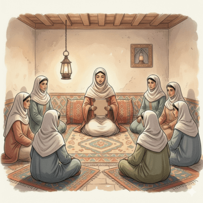 مشهد داخلي لأسماء بنت يزيد تجلس مع مجموعة من النساء في المدينة، تستمع إليهن وتدوّن أسئلتهن لتعرضها على النبي صلى الله عليه وسلم