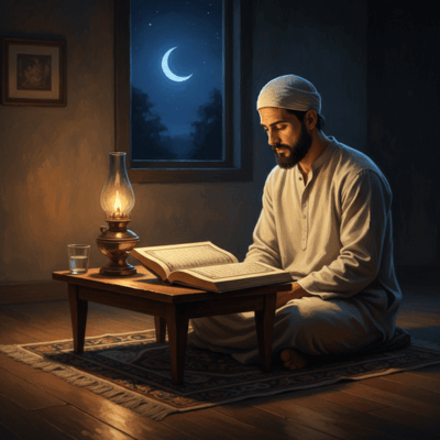 رجل مسلم يتدبر القرآن في ليلة من ليالي رمضان في جو هادئ وروحاني، تجسيد لفكرة الصيام الفكري والعودة المباشرة إلى كتاب الله للتزود الإيماني والعقلي.

