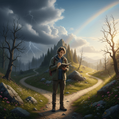 شخص يقف عند مفترق طرق يختار الشجاعة بدل الخوف، في مشهد يرمز للحظة القرار التي يبدأ فيها الإنسان رحلة الصعود من المشاعر السلبية إلى التغيير والشفاء الداخلي.

