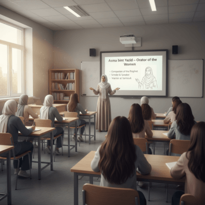معلمة مسلمة في فصل دراسي حديث تعرض سيرة أسماء بنت يزيد على شاشة عرض أمام طالبات، لربط قدوات الصحابيات بتربية الجيل الجديد