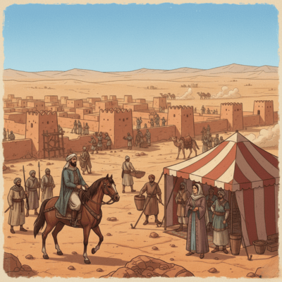 "لوحة فنية لمشاركة أسماء بنت يزيد ونساء مسلمات في معركة اليرموك، تحمل عمود الخيمة في مشهد يعبر عن شجاعة المرأة المسلمة في الجهاد."
