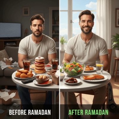 صورة توضح الفرق بين نمط غذائي غير صحي في رمضان يعتمد على الحلويات والمقالي، ونمط صحي متوازن يساعد على فقدان الوزن وتنشيط الجسد والعقل خلال شهر الصيام.

