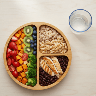 "صورة طبق طفل مقسم إلى خضار وفواكه وحبوب كاملة وبروتين صحي مع كوب ماء، لتوضيح نموذج الطبق المتوازن."


