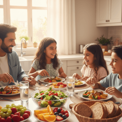 "أسرة تتناول وجبة صحية مليئة بالخضار والفواكه وخبز كامل مع الماء على مائدة منزلية، تجسيدًا لمفهوم التغذية الصحية للأسرة."