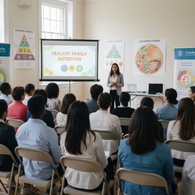 "قاعة لجمعية خيرية تقدم محاضرة توعوية للأهالي حول التغذية الصحية للأسرة باستخدام عروض وصور تعليمية."


