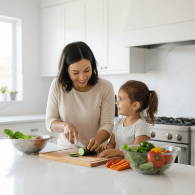 "أم وطفلها يحضّران سلطة خضار في المطبخ، لتشجيع الأطفال على حب الأكل الصحي من خلال المشاركة في الطهي."


