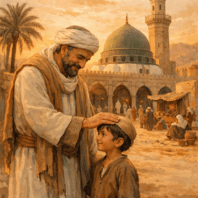 "رسم تعبيري ليتيم في المدينة المنورة في عهد النبوة، ورجل مسلم يمسح على رأسه بجوار المسجد، تجسيدًا لرحمة الإسلام باليتيم."